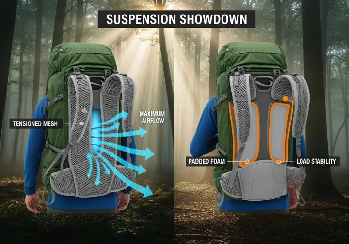 A side-by-side technical illustration comparing two backpack suspension systems. The left panel shows a tensioned mesh backpanel for maximum airflow, and the right panel shows a padded foam backpanel for superior load stability and cushioning.
