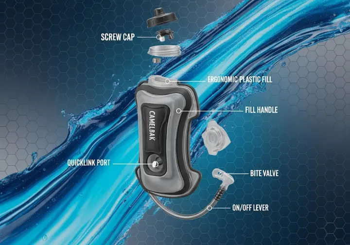 A detailed exploded-view diagram of a CamelBak Crux hydration reservoir, with callouts pointing to the screw cap, fill handle, Quicklink port, bite valve, and on/off lever.