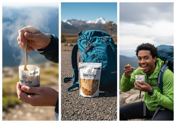 Multi-panel image showing a hiker stirring a meal, a pouch next to a backpack, and a hiker enjoying food at a scenic view, reflecting Good To-Go reviews.