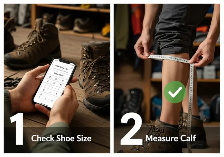 A two-panel how-to diagram illustrating the correct method for sizing hiking gaiters. The first panel shows checking a shoe size chart, and the second panel shows measuring calf circumference with a tape measure.