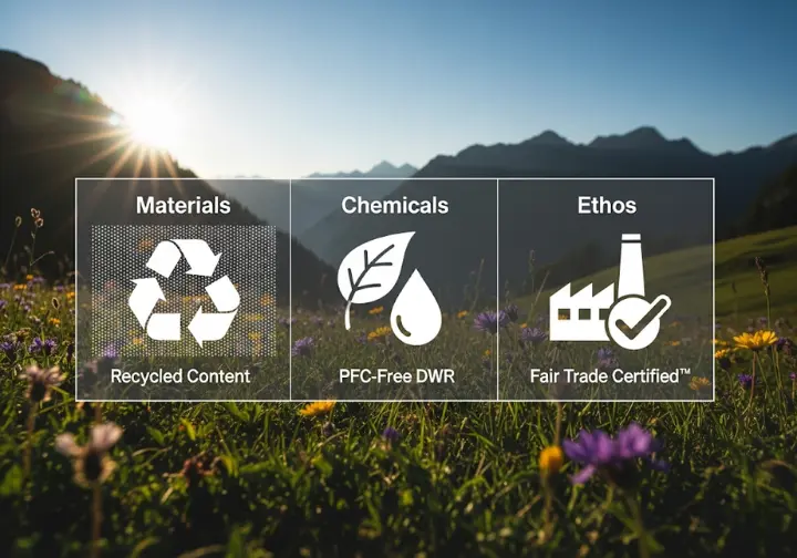 A sustainability scorecard for outdoor apparel, featuring icons for recycled content, PFC-free DWR, and Fair Trade certification, set against a natural backdrop