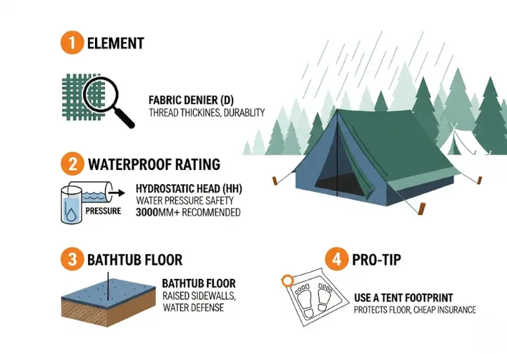 An infographic explaining tent durability ratings. It details Fabric Denier (D) for thread thickness, Hydrostatic Head (HH) for waterproofness, the Bathtub Floor design for ground-level water protection, and a pro-tip on using a footprint.