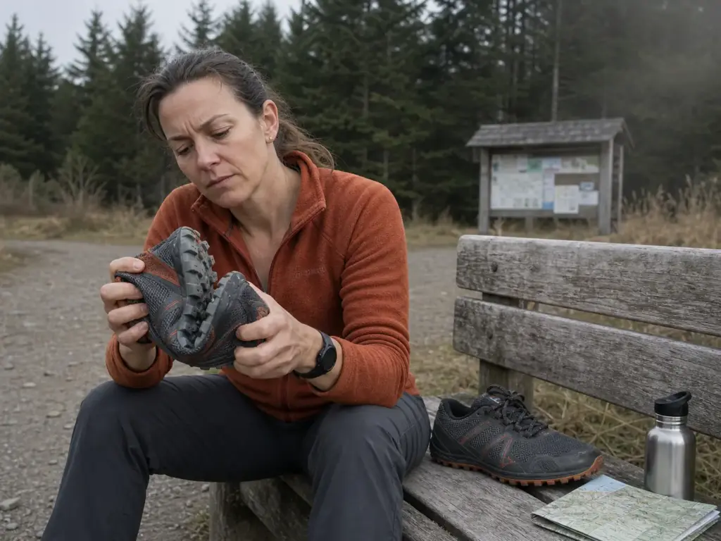 Hands folding a minimalist trail shoe in half to check sole flexibility