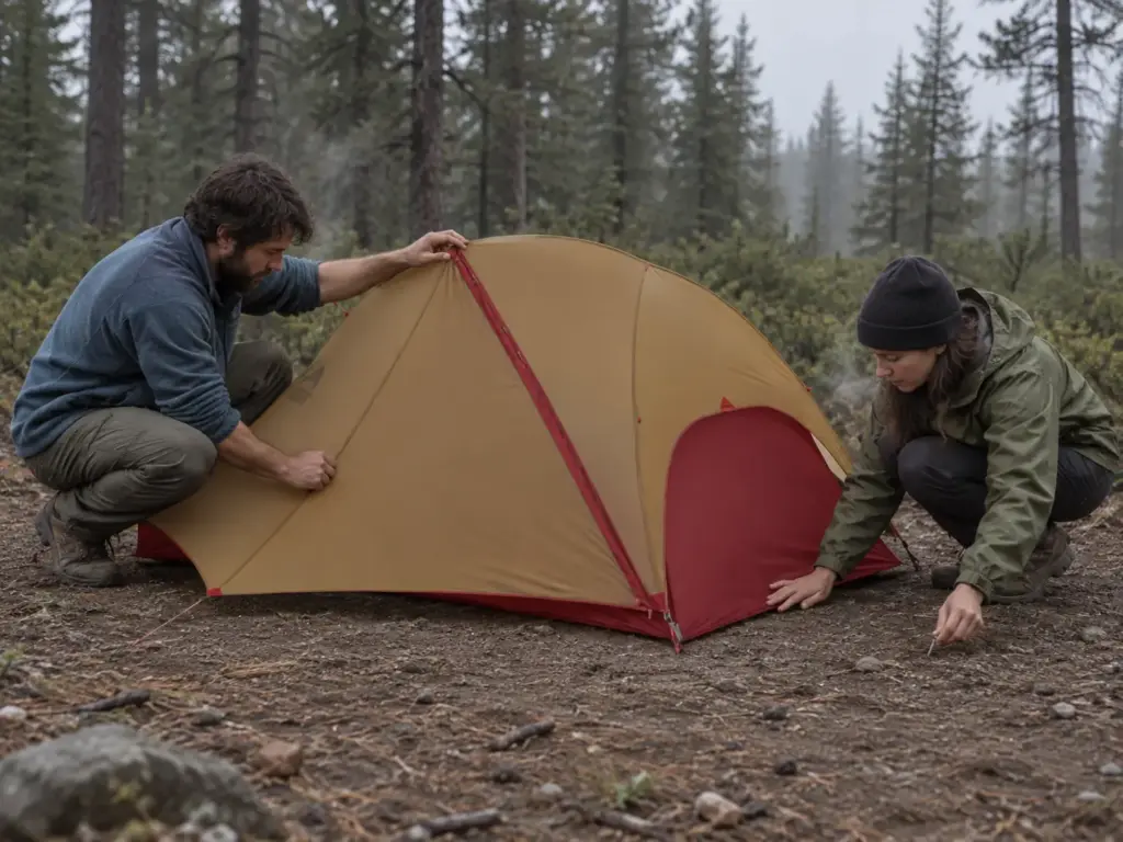 Two hikers laying out a 2 person backpacking tent at a forest campsite on an overcast morning