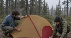 Best 2 Person Backpacking Tent for Sharing Nightly Two hikers laying out a 2 person backpacking tent at a forest campsite on an overcast morning