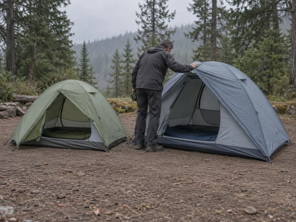 A two person and a three person backpacking tent pitched side by side for a size comparison