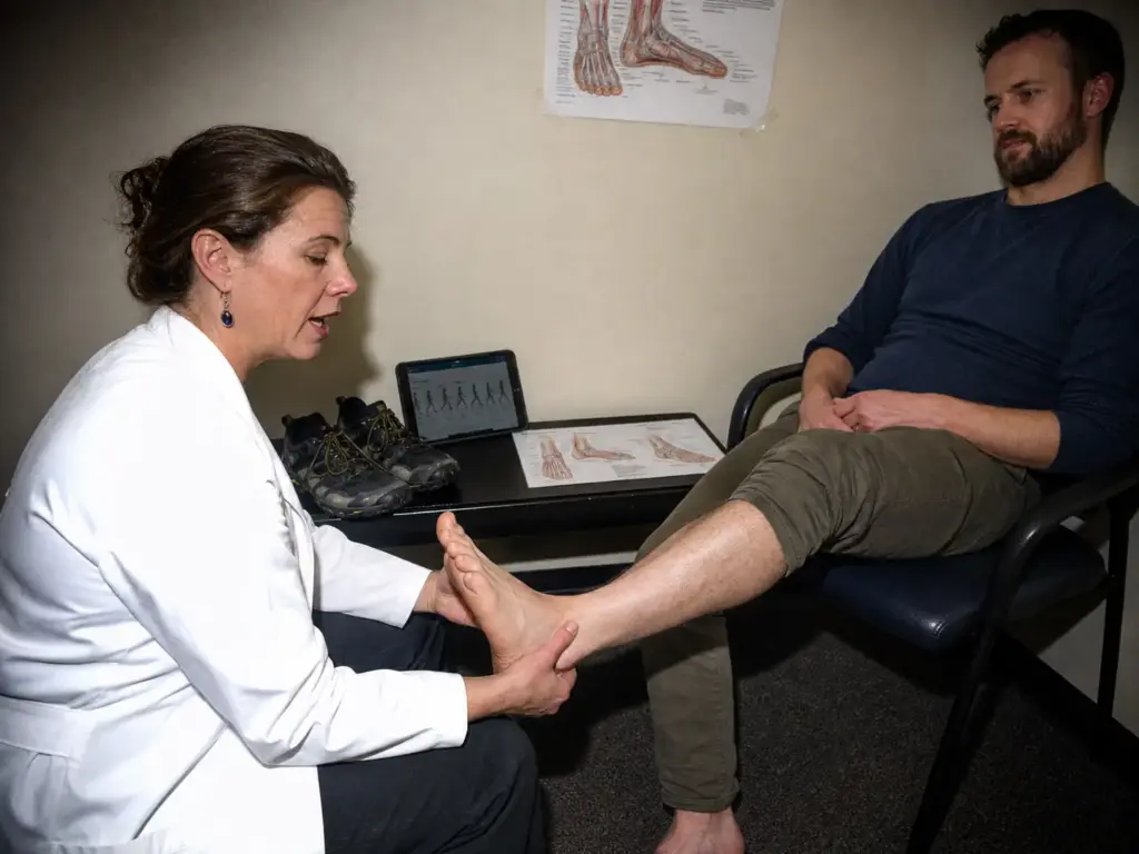 Clinician examining a hiker's foot during a consultation about minimalist footwear