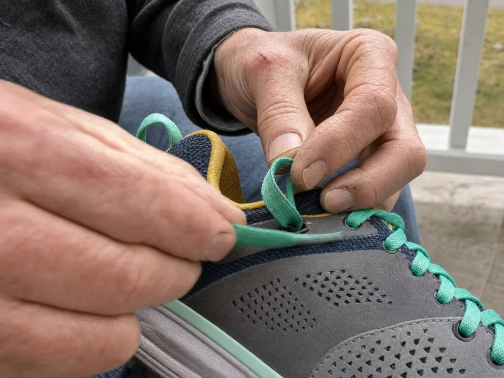Close-up of hands threading a heel-lock runners loop through the top eyelet of a hiking shoe