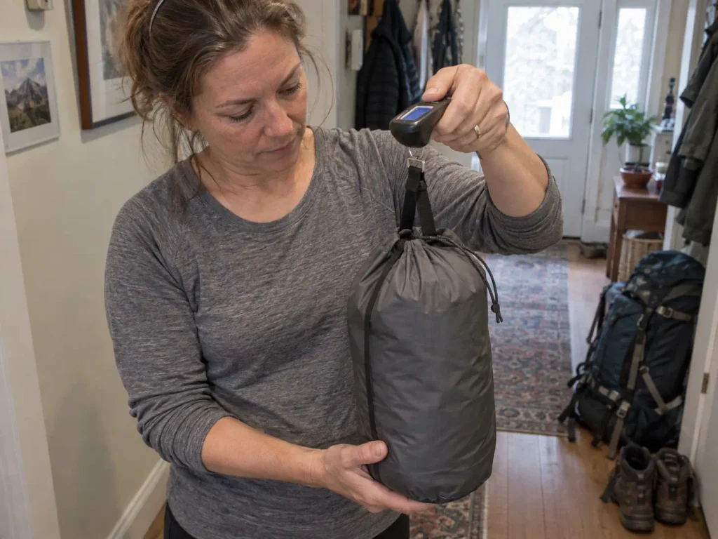 A packed backpacking tent hanging from a small luggage scale during a pre-trip weight check