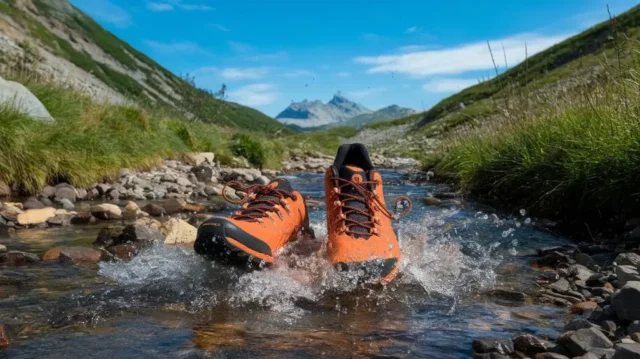 A dynamic scene featuring rugged, vibrant hiking shoes splashing through a mountain stream, surrounded by lush greenery and rocky terrain, with distant peaks and a clear blue sky in the background.