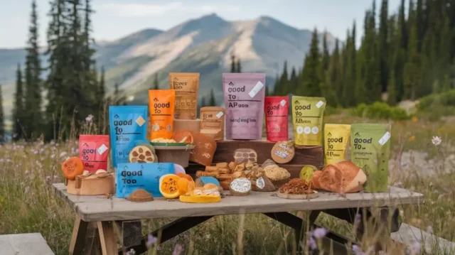 A vibrant spread of Good To-Go hiking food packaging, artfully arranged on a wooden picnic table surrounded by wildflowers, showcasing various allergen symbols and color-coded labels amidst a scenic mountain backdrop.