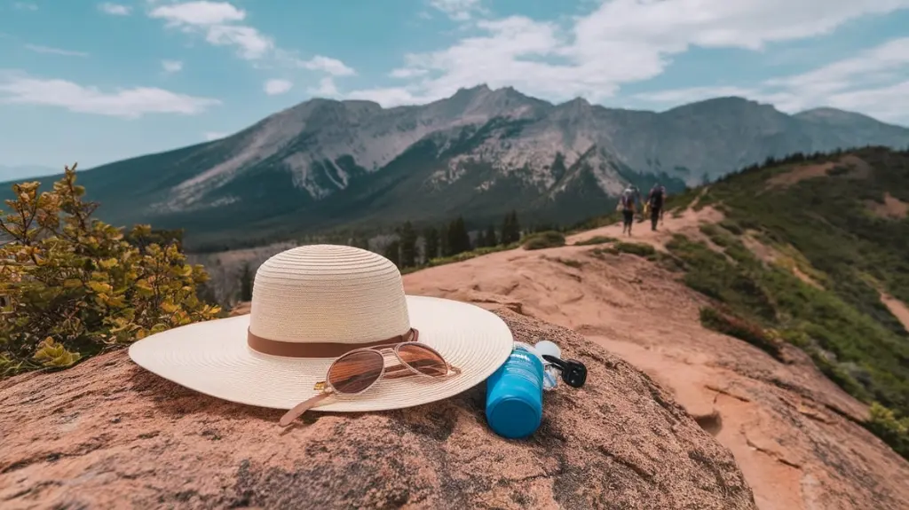 A vibrant hiking scene featuring a wide-brimmed hat resting on a rocky outcrop, surrounded by sunblock, sunglasses, and a water bottle, with spectacular mountains and lush greenery in the background.