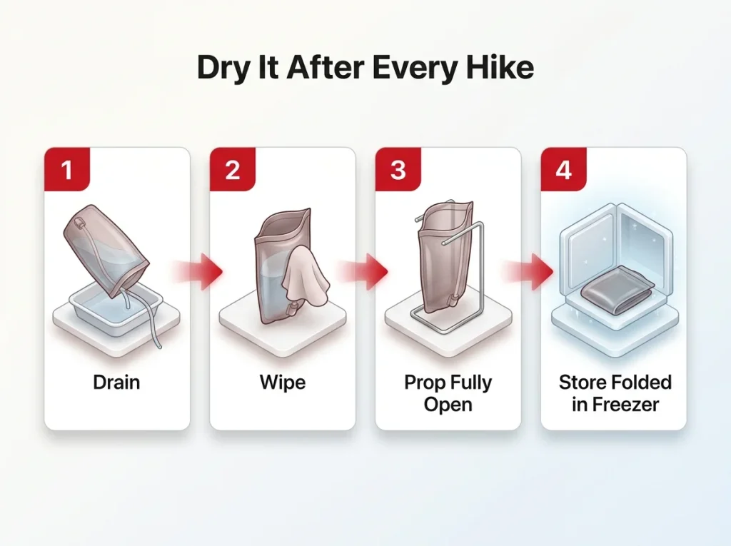 Step-by-step graphic showing the four-step after-hike hydration bladder drying routine from drain to freezer storage