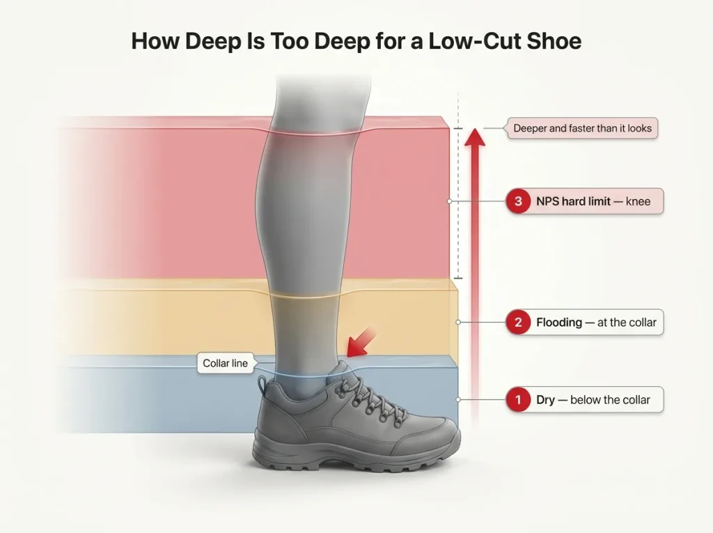 Side-view diagram of a low-cut shoe on a leg with water-depth bands for dry, flooding at collar, and knee-high NPS limit