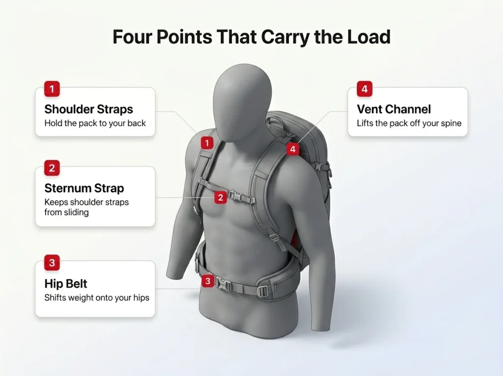 Annotated diagram of a hiking pack on a torso showing four labeled contact points and what each one does for fit