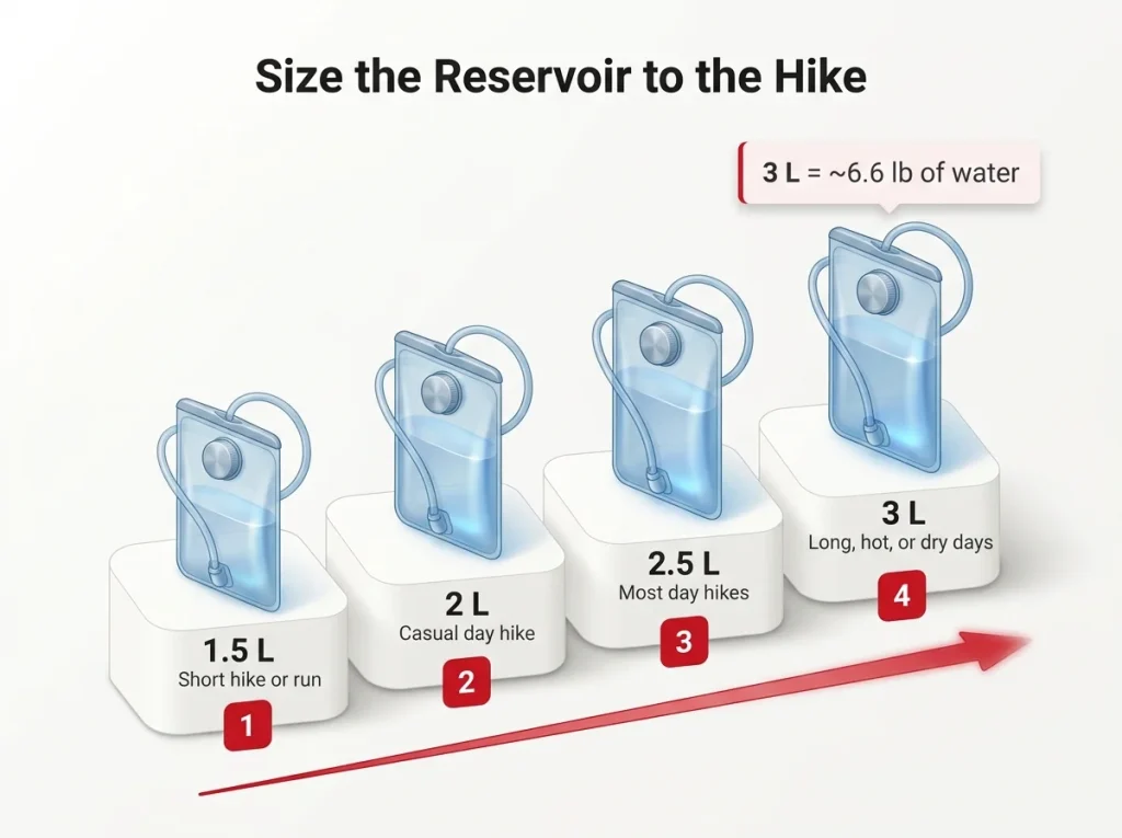 Data visualization chart mapping four hydration reservoir sizes to hike profiles with a water-weight callout for the largest tier