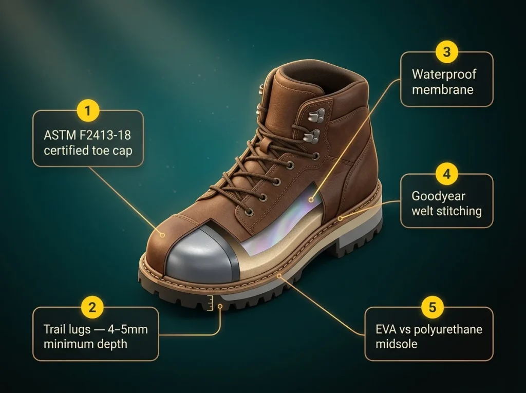 Annotated cross-section of a steel toe hiking boot with labeled toe cap, lug depth, membrane, welt stitching, and midsole