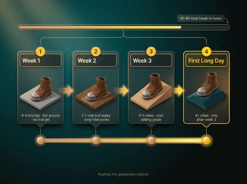 Three-week break-in calendar for steel toe hiking boots showing daily wear hours and terrain progression toward the first long hike