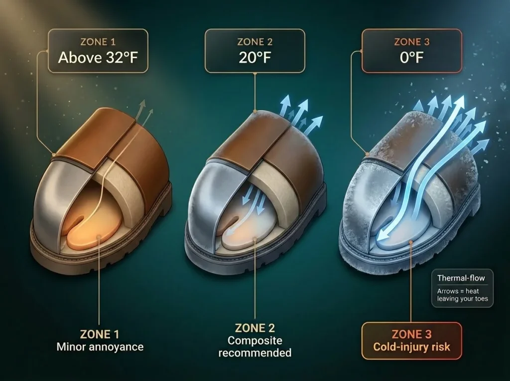 Boot cross-section at three temperature zones showing how a steel toe cap conducts cold and creates a thermal bridge against the toe