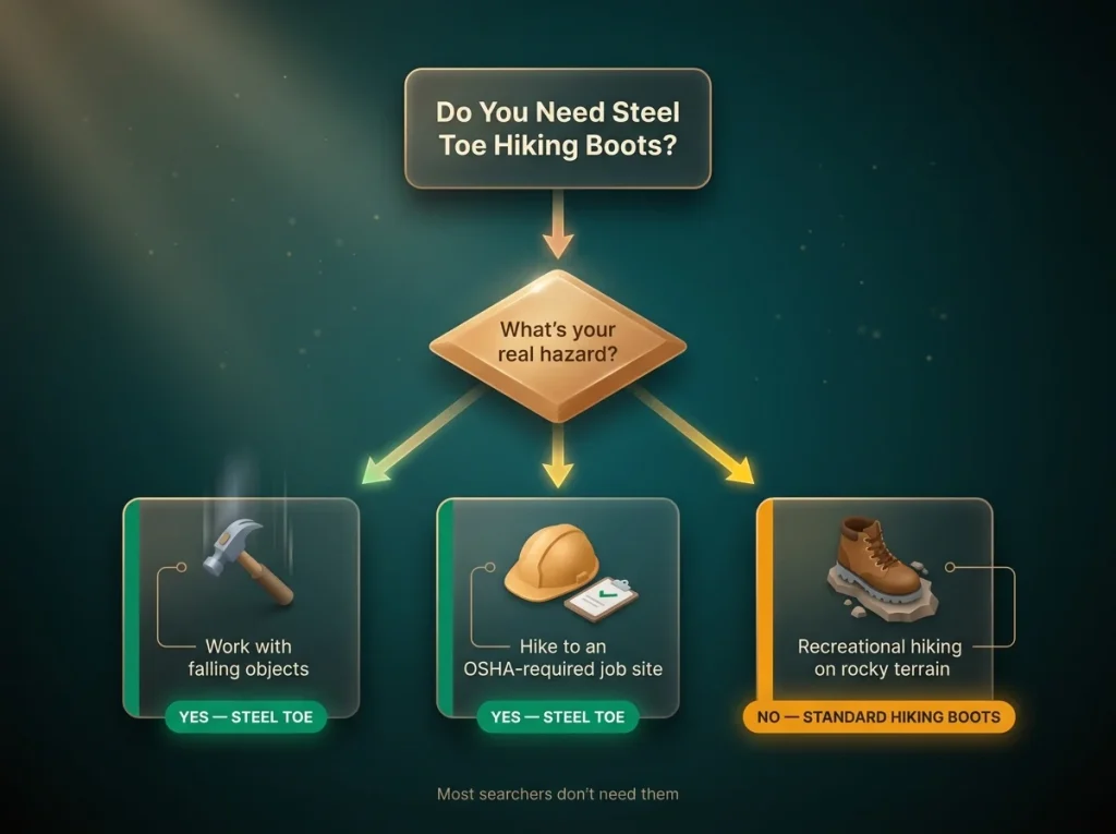 Decision tree showing who needs steel toe hiking boots with three branches for falling objects, OSHA job sites, and recreational hiking