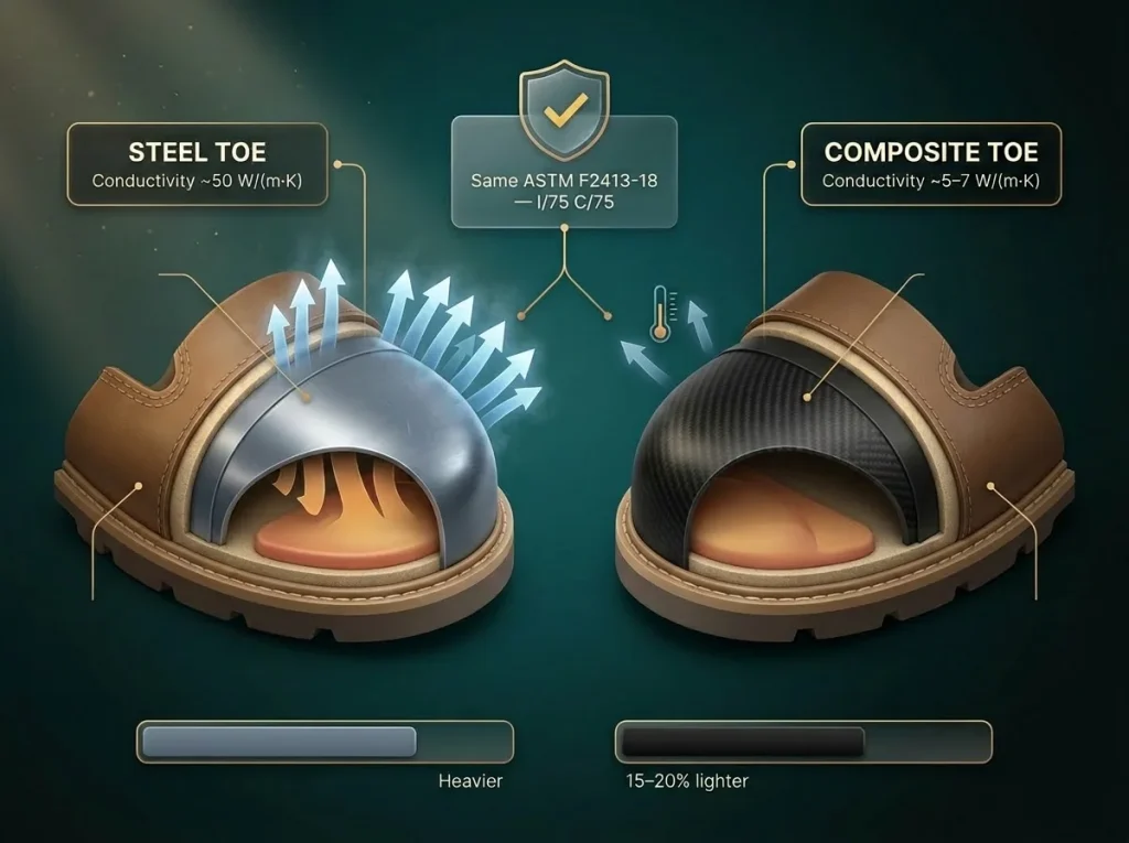 Cross-section comparison of steel vs composite toe caps showing thermal conductivity arrows, weight bars, and identical ASTM rating