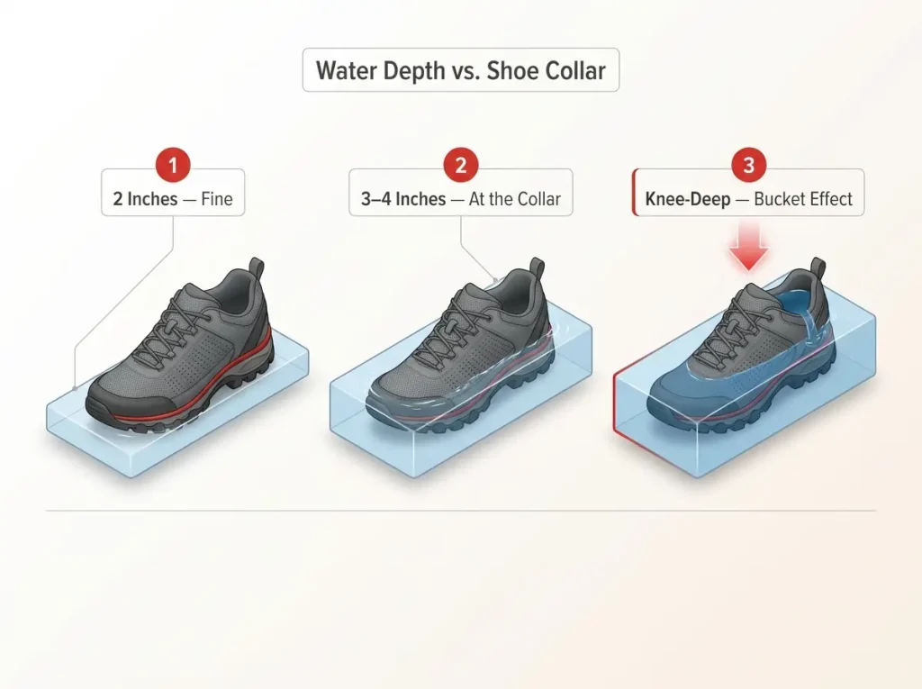 Infographic showing three water crossing depths for hiking shoes with labels explaining when waterproofing helps versus the bucket effect