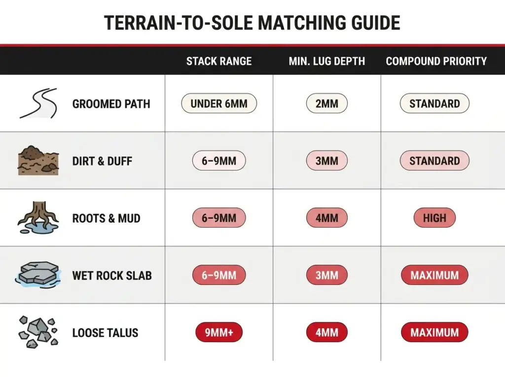 Comparison chart matching five trail terrains to recommended stack range, lug depth, and rubber compound priority for barefoot shoes