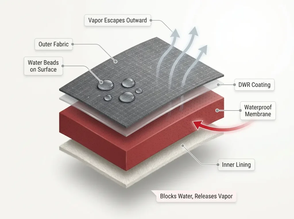 Infographic showing a waterproof hiking shoe cross-section with labeled fabric, DWR coating, membrane, lining, and vapor escape arrows