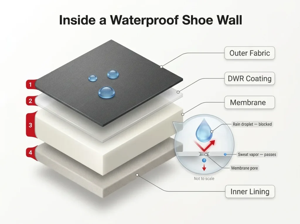 Cross-section diagram of a waterproof shoe wall showing outer fabric, DWR, membrane pores, and lining with pore-size analogy