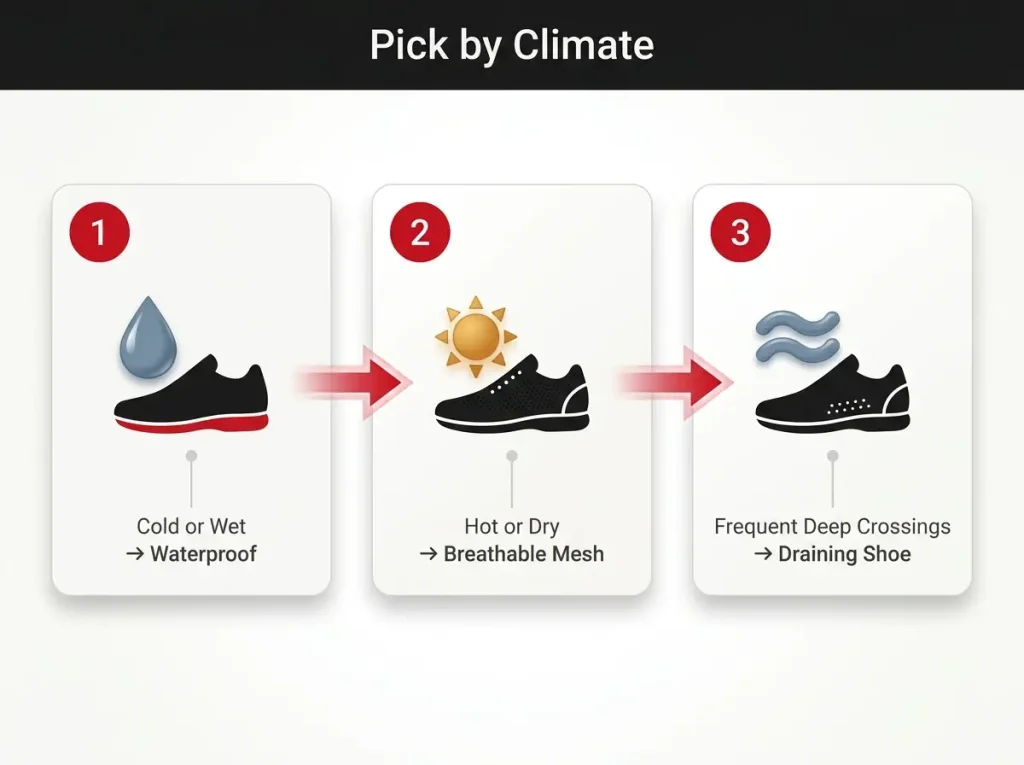 Infographic decision strip showing when to choose waterproof, breathable mesh, or draining hiking shoes based on trail conditions