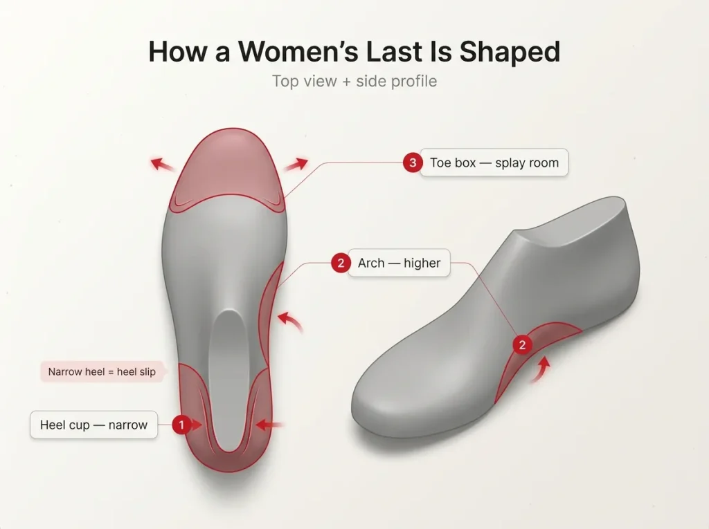 Annotated top-down and side view of a women's shoe last flagging narrow heel, higher arch, and roomy toe box zones
