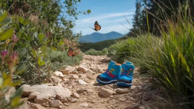 A vibrant outdoor scene featuring a close-up of colorful toddler hiking boots on a rocky trail, surrounded by lush greenery, with playful butterflies fluttering nearby and distant mountains under a bright blue sky.