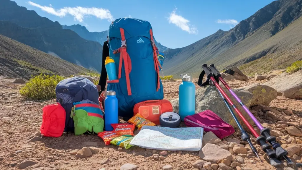 A vibrant mountain landscape with colorful hiking gear: a sturdy backpack, water bottle, compass, first aid kit, trail map, snacks, and trekking poles, all arranged on a rocky trail under a bright blue sky.