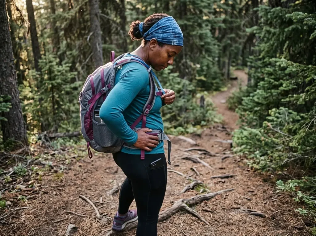 Hiker adjusting the sternum strap and hip belt of a hydration backpack on a forest trail