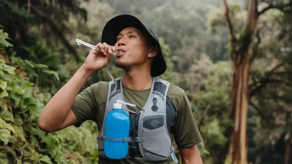 Hiker using a chest bag with bladder for hydration during a forest trek.