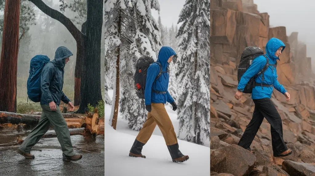 Hiker wearing weatherproof pants in rain, snow, and wind, showcasing the benefits of staying dry