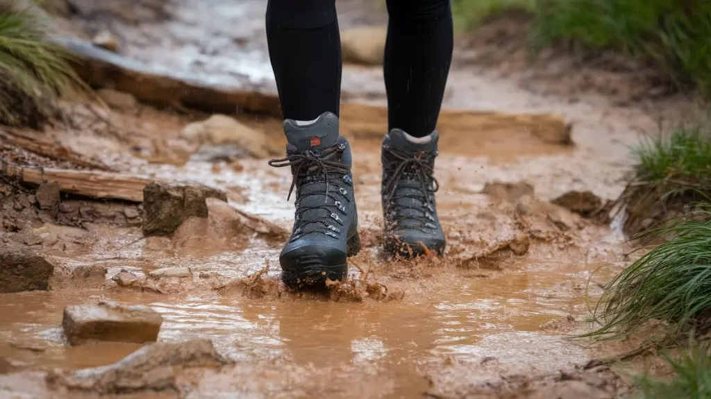 Hiker wearing water-resistant hiking boots on a wet, muddy trail, highlighting the benefits of staying dry.