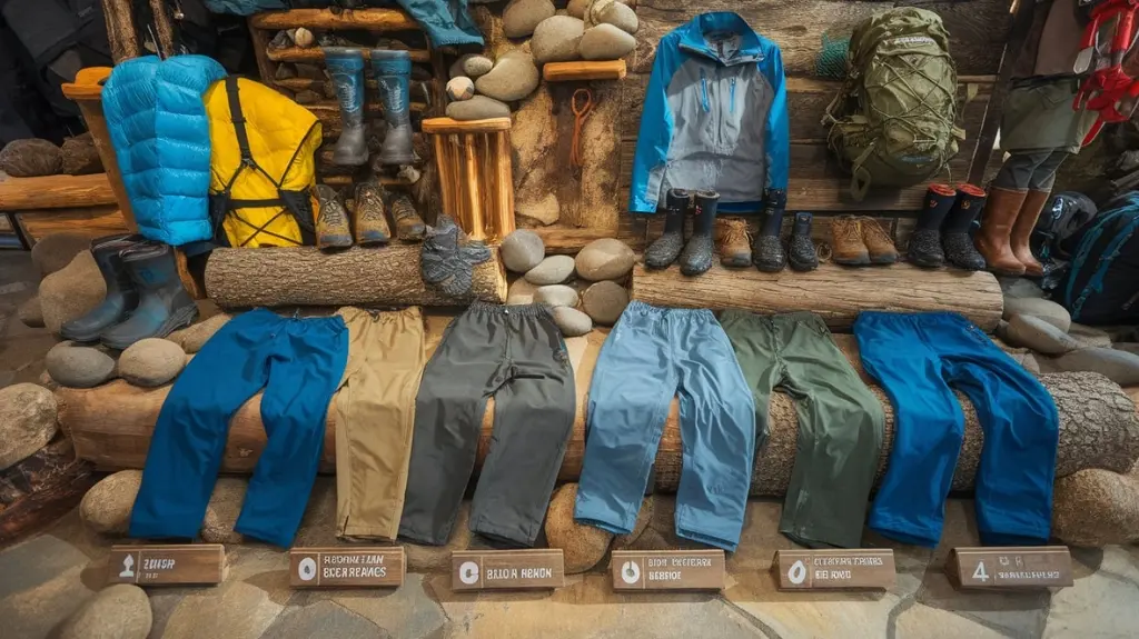 Display of top-rated weatherproof pants for 2025, arranged with outdoor gear.