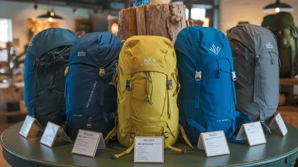 Display of top recommended women's hiking packs for 2024 in an outdoor gear shop, highlighting features and brands.