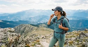 Best CamelBak Hydration Backpack for Every Hike Hiker drinking from a CamelBak hydration backpack hose on a sunlit ridgeline trail
