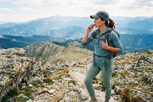 Best CamelBak Hydration Backpack for Every Hike Hiker drinking from a CamelBak hydration backpack hose on a sunlit ridgeline trail