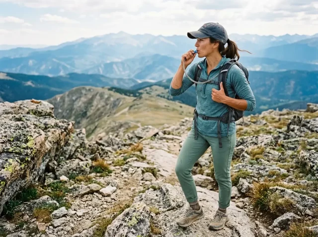 camelbak-hydration-backpack-drinking-ridgeline Hiker drinking from a CamelBak hydration backpack hose on a sunlit ridgeline trail