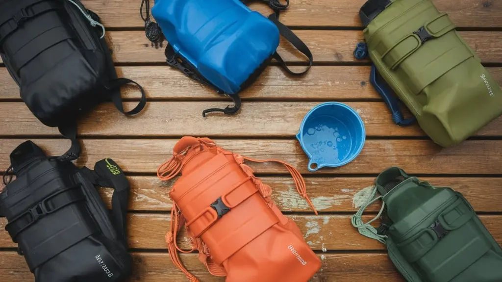 Flat lay of various chest bags with bladders, highlighting their features and colors.