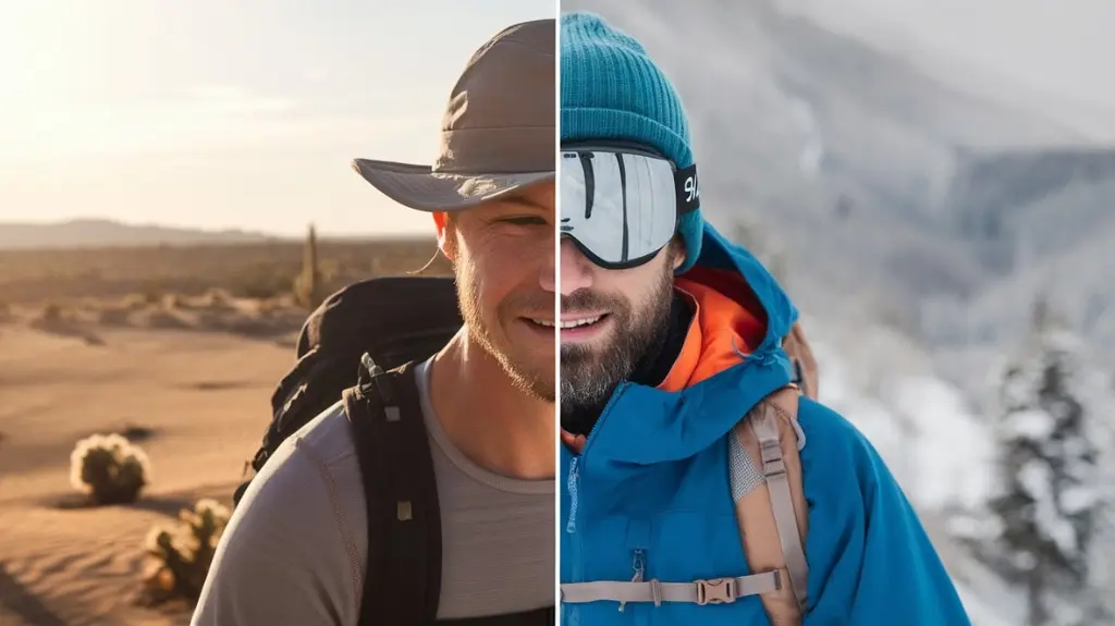 A split image of hikers in different climates, showcasing the importance of choosing the right hiking hat for sun and snow.
