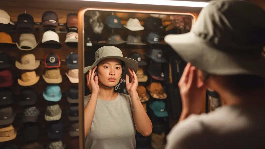 A person contemplating their choice of hiking hat in front of a mirror, emphasizing the decision-making process for outdoor gear.