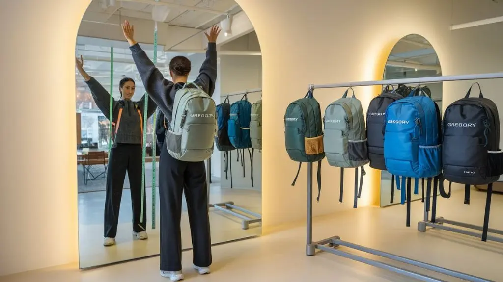 Person measuring torso length and trying on Gregory backpacks in a store, illustrating how to choose the right size.