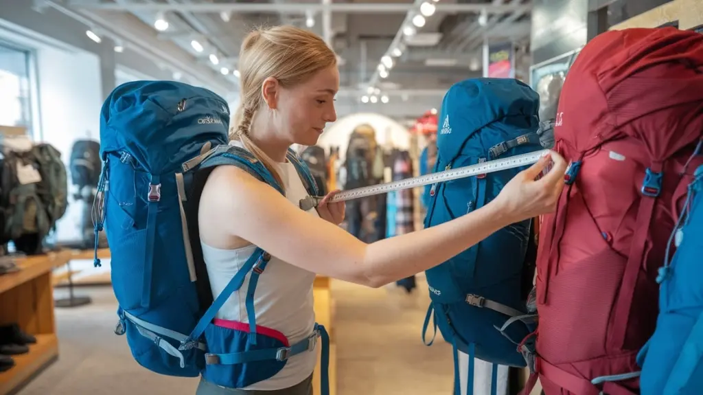 Person measuring torso length and trying on women's hiking packs in a store, illustrating how to choose the right size and fit.