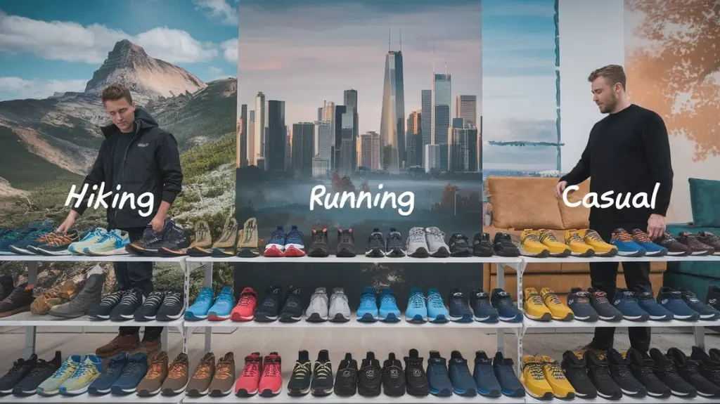 selecting waterproof shoes for hiking, running, and casual outings, illustrating the importance of choosing the right footwear.