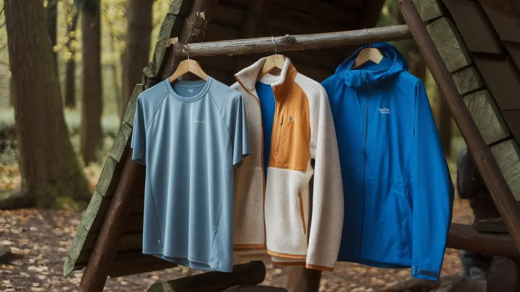 Display of layered hiking clothing, including moisture-wicking and waterproof layers, against a natural backdrop.
