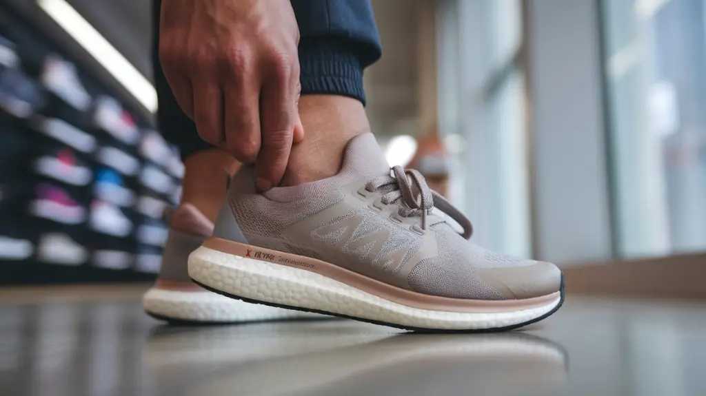 Person trying on X Ultra 360 Climasalomon shoes in a store, highlighting comfort and fit.